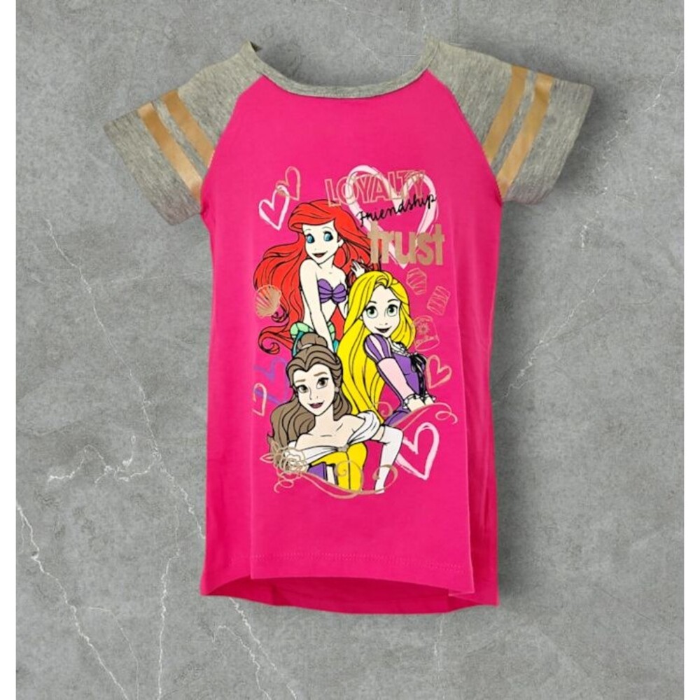 Disney Girls Raglan Sleeves Crew Neck Fuchsia  Graphic Princess T-Shirt Size 4